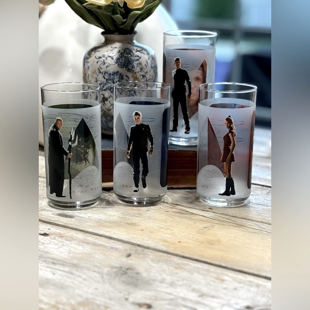 4 STAR TREK 2008 High Ball Glasses. Collectible Burger King Tumblers | Y2K
